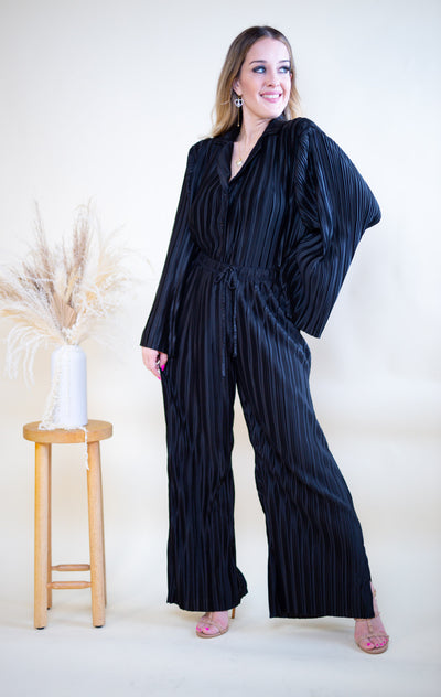 Long sleeve pleated top and wide leg pant set